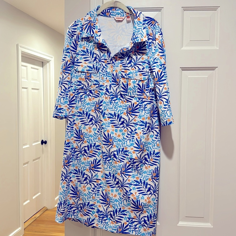 Blue & White Tropical Print Shirt Dress